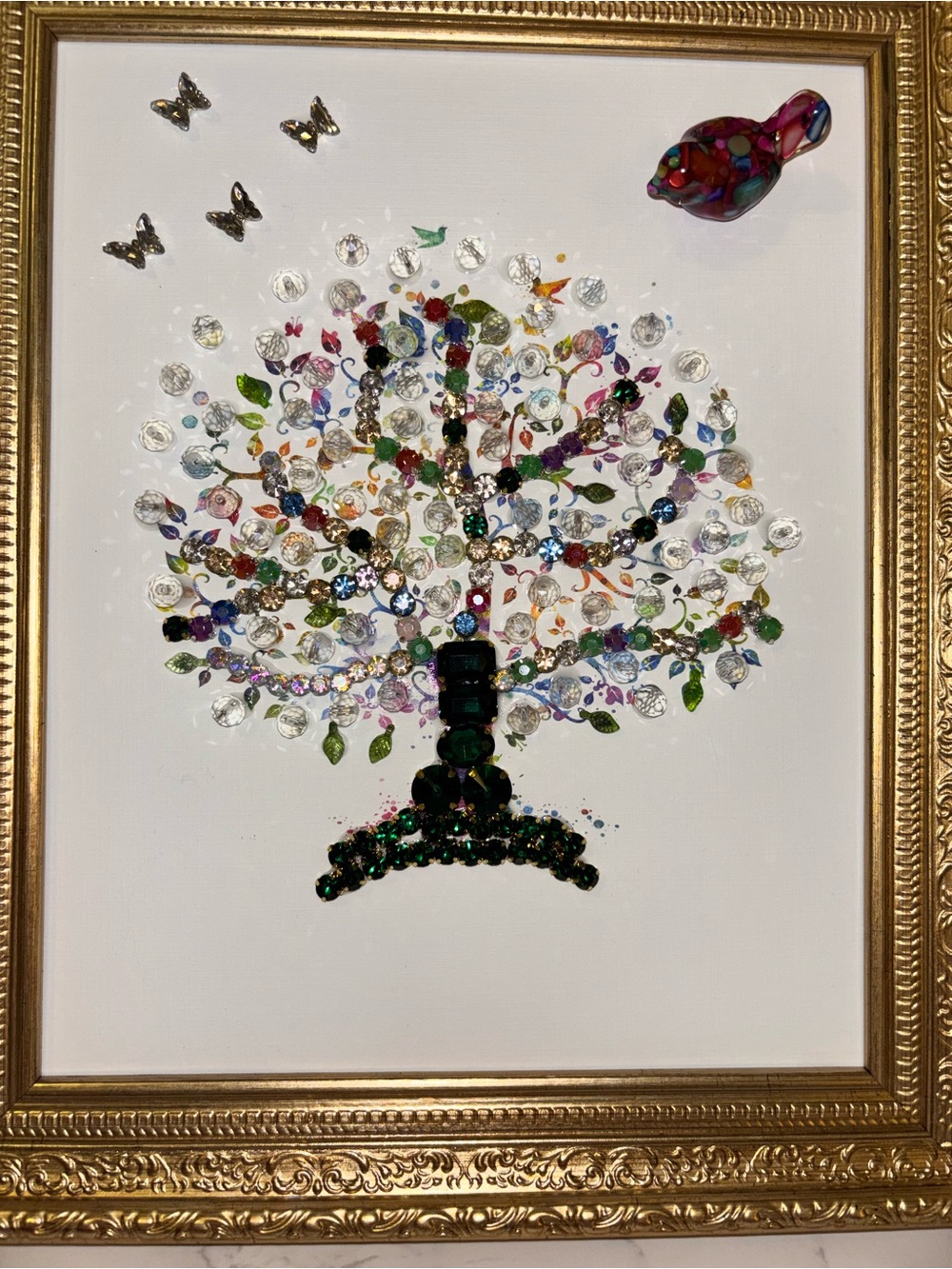 Embellished Sequin Tree Artwork in Ornate Gold Frame - Multi